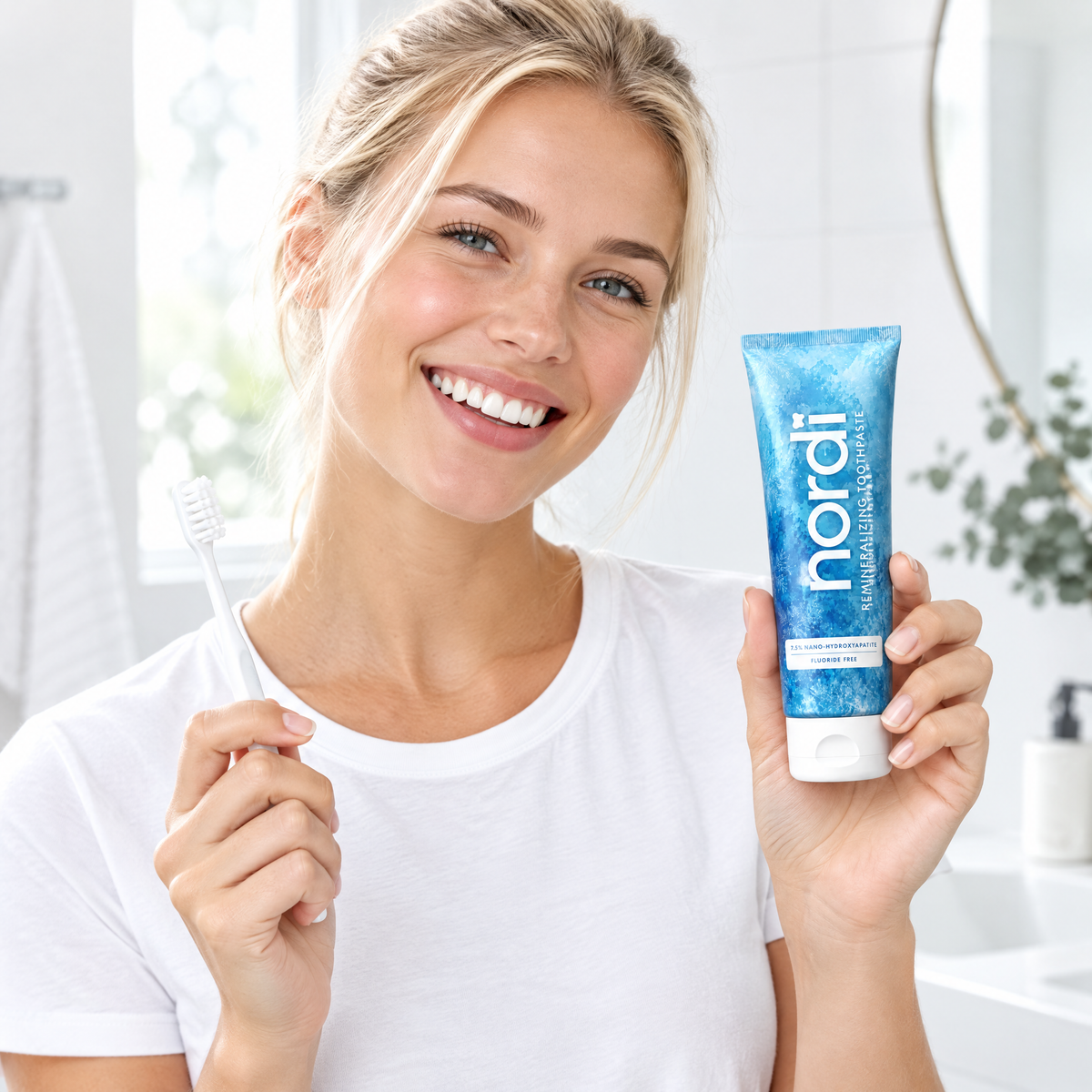 Woman holding nordi toothpaste